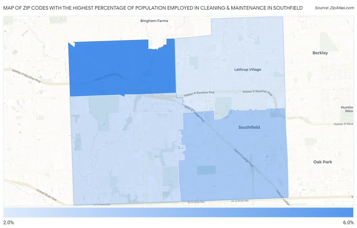 Zip Codes with the Highest Percentage of Population Employed in Cleaning & Maintenance in Southfield Map
