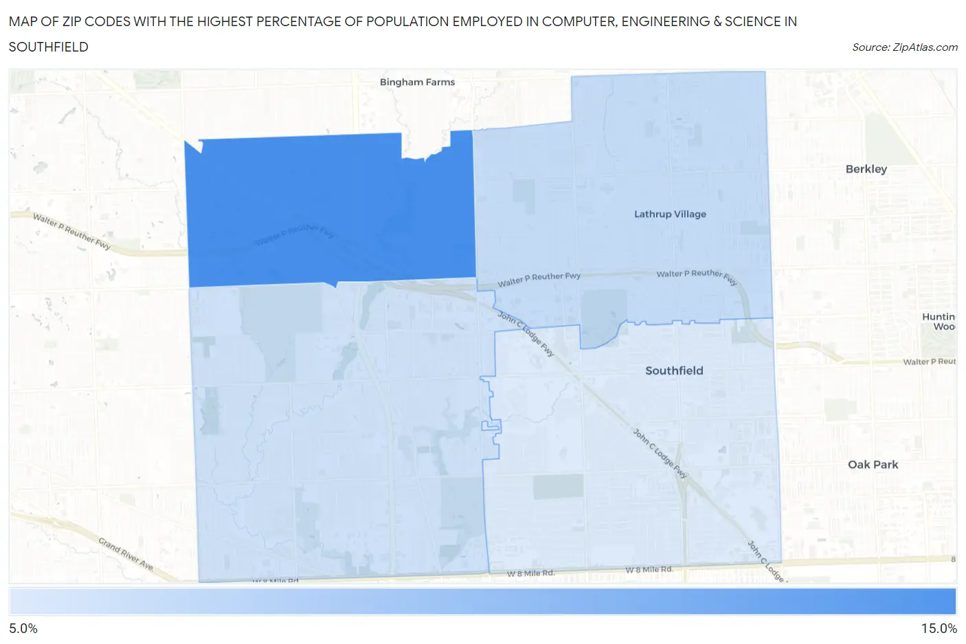Zip Codes with the Highest Percentage of Population Employed in Computer, Engineering & Science in Southfield Map