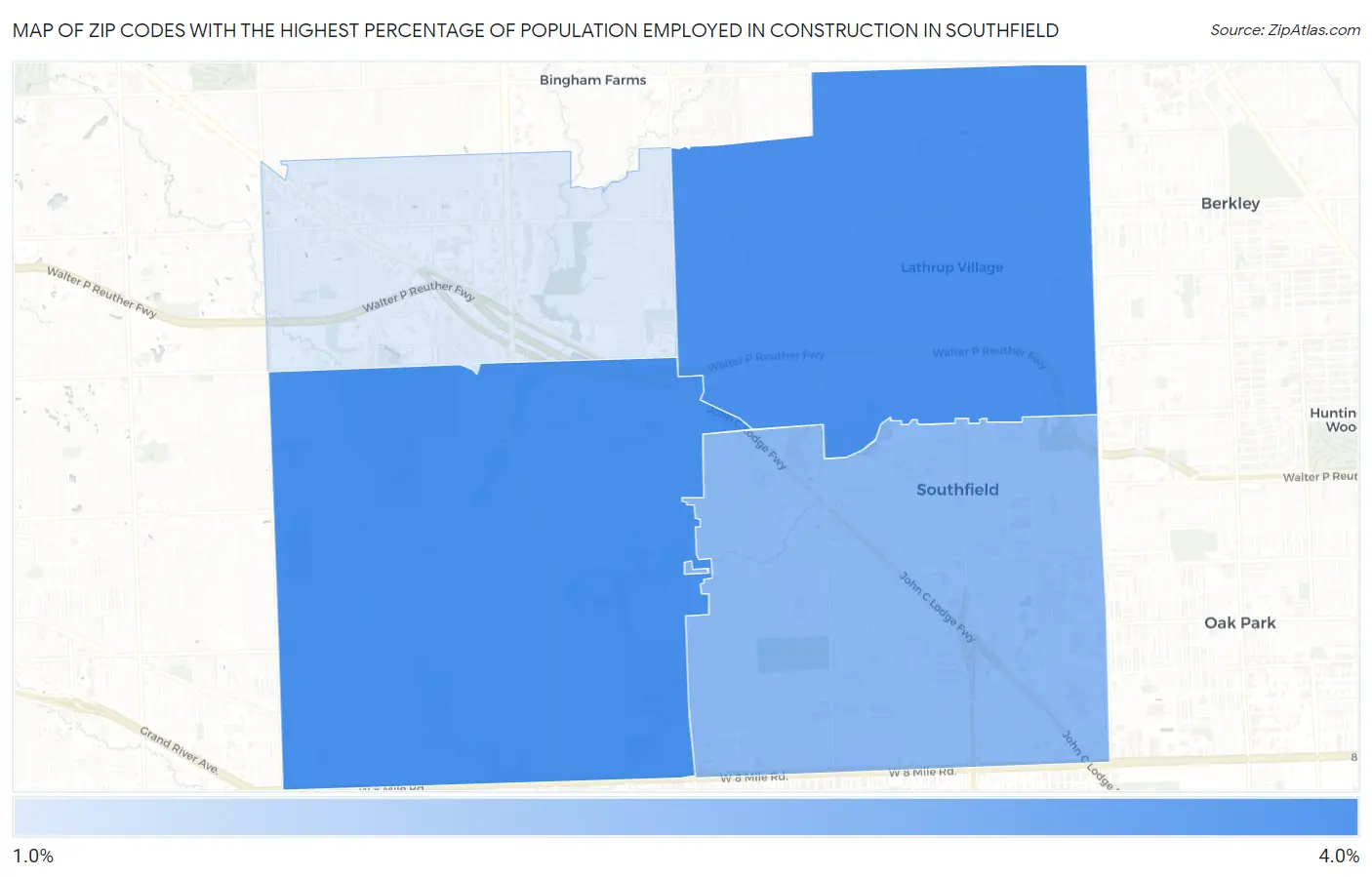 Zip Codes with the Highest Percentage of Population Employed in Construction in Southfield Map