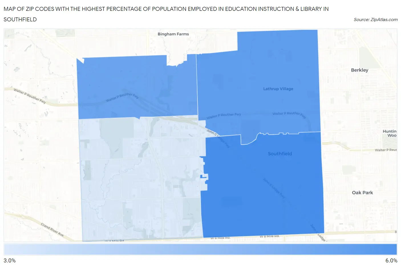 Zip Codes with the Highest Percentage of Population Employed in Education Instruction & Library in Southfield Map