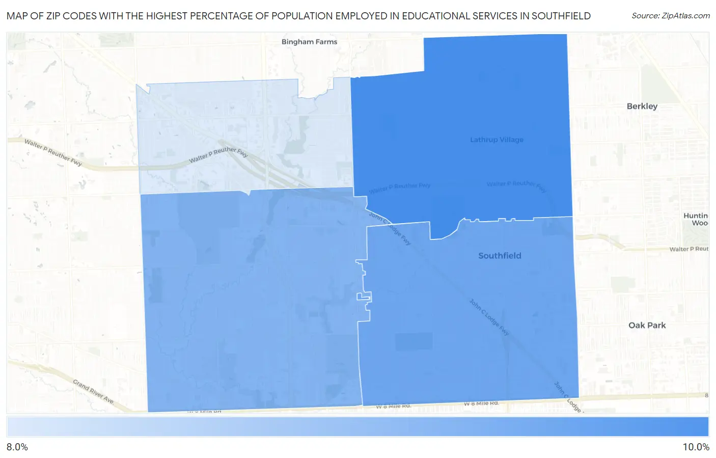 Zip Codes with the Highest Percentage of Population Employed in Educational Services in Southfield Map