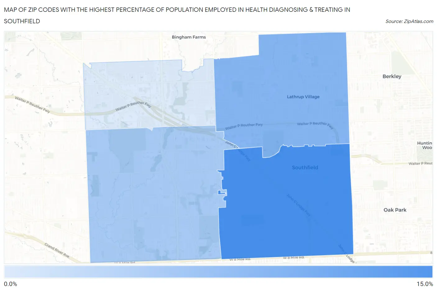 Zip Codes with the Highest Percentage of Population Employed in Health Diagnosing & Treating in Southfield Map