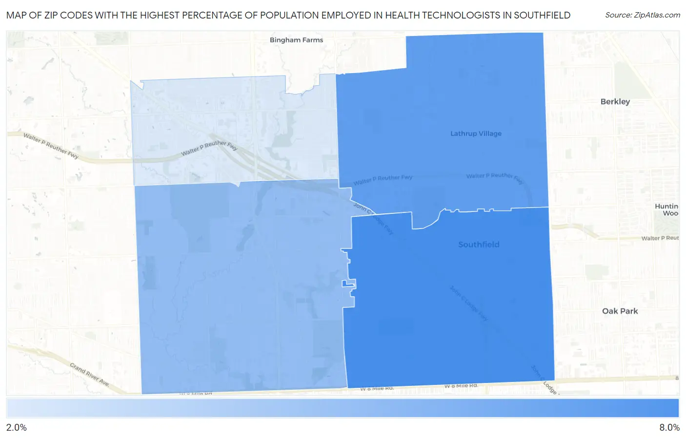 Zip Codes with the Highest Percentage of Population Employed in Health Technologists in Southfield Map