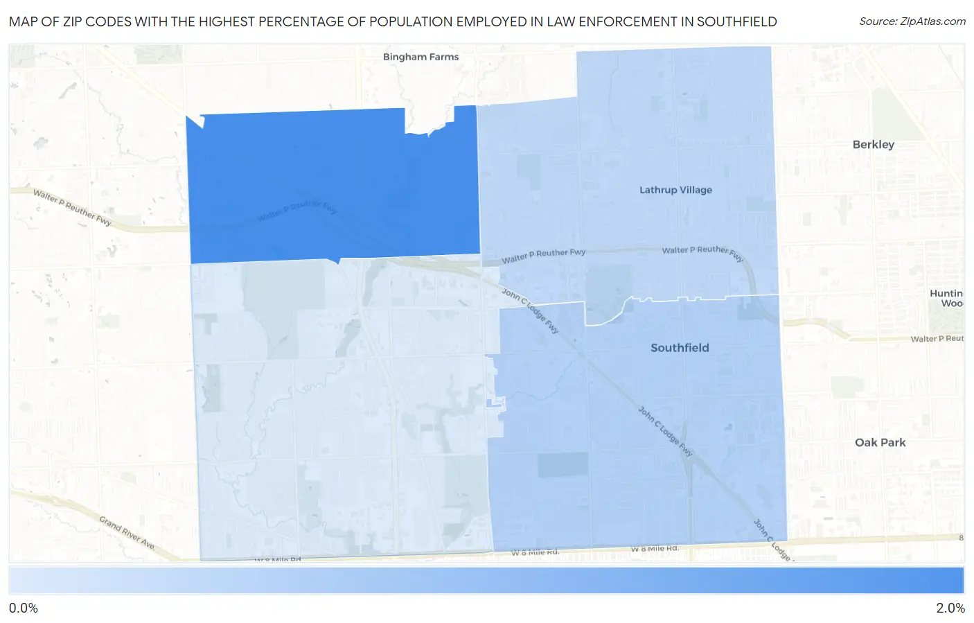Zip Codes with the Highest Percentage of Population Employed in Law Enforcement in Southfield Map