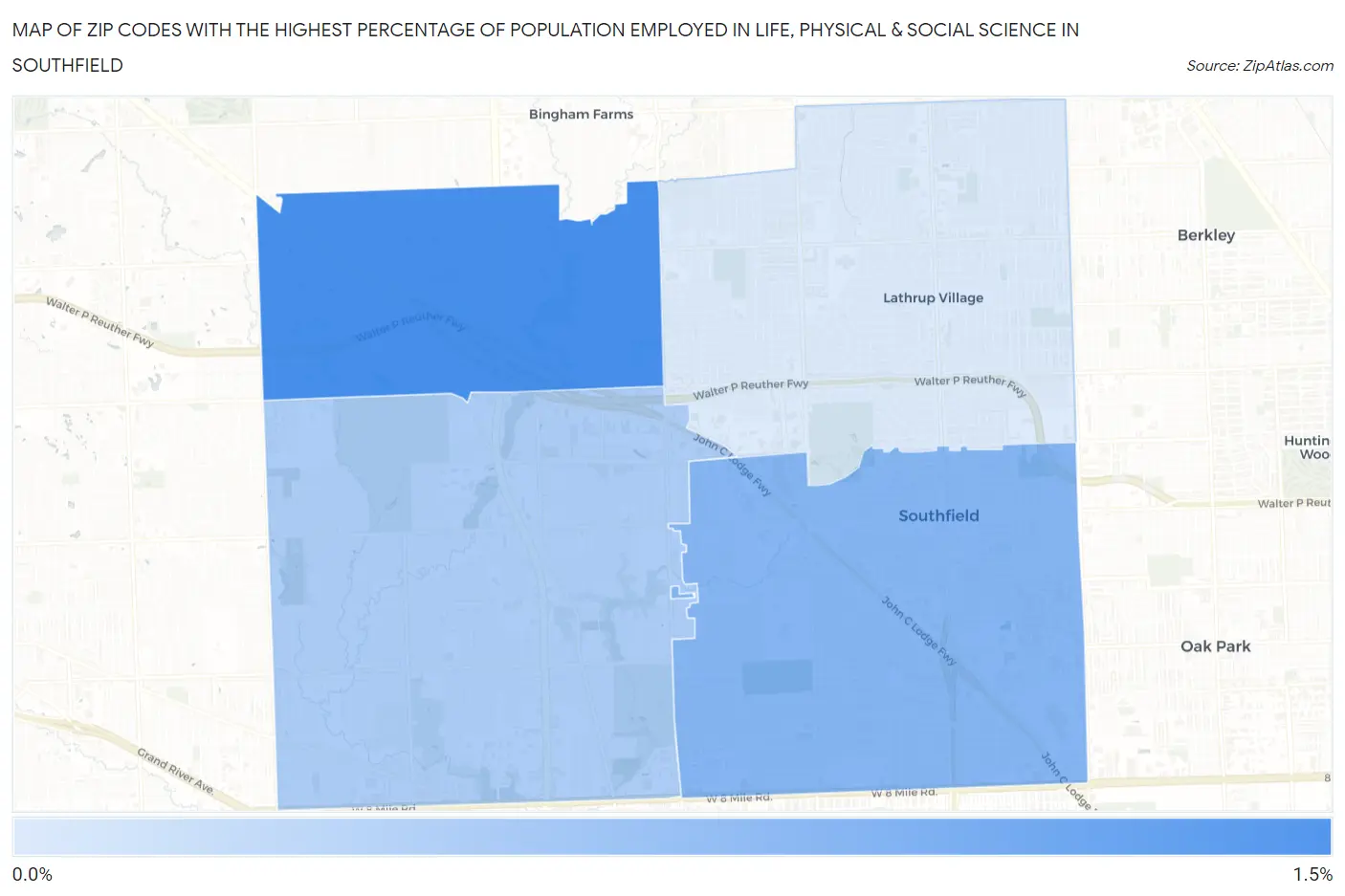 Zip Codes with the Highest Percentage of Population Employed in Life, Physical & Social Science in Southfield Map