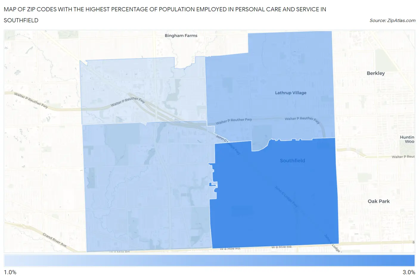 Zip Codes with the Highest Percentage of Population Employed in Personal Care and Service in Southfield Map
