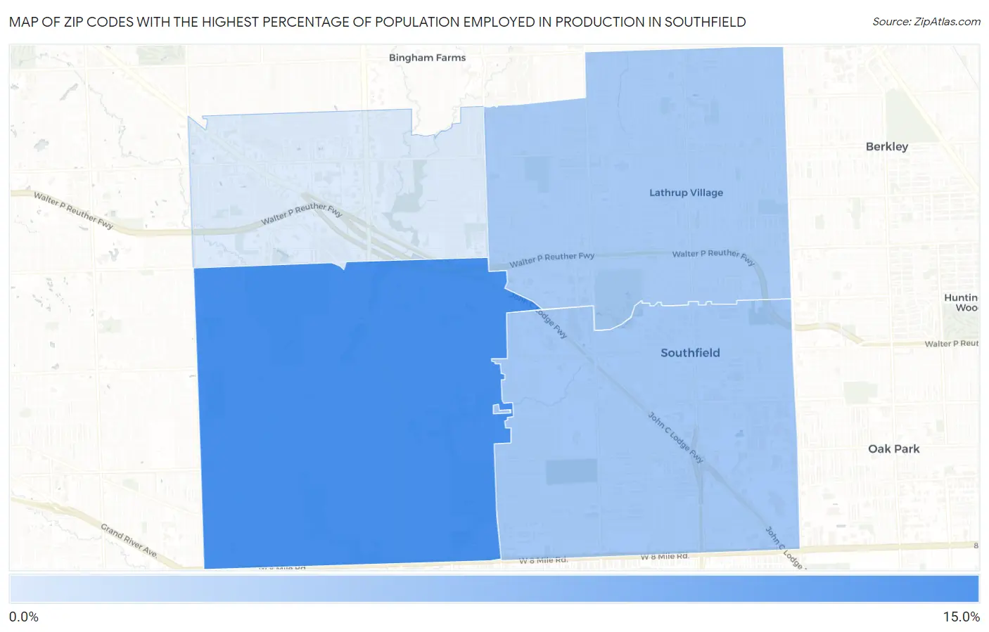 Zip Codes with the Highest Percentage of Population Employed in Production in Southfield Map