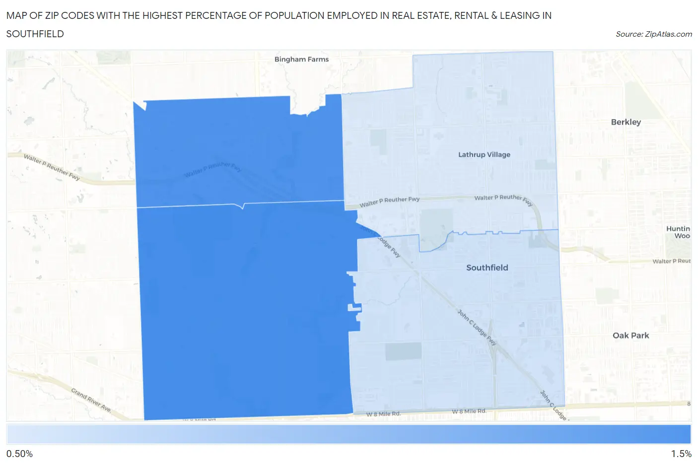 Zip Codes with the Highest Percentage of Population Employed in Real Estate, Rental & Leasing in Southfield Map