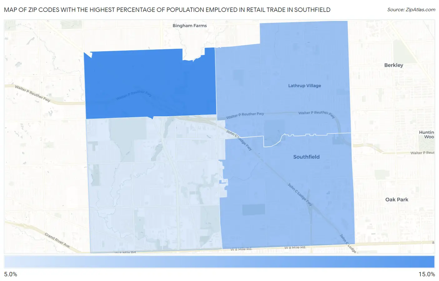 Zip Codes with the Highest Percentage of Population Employed in Retail Trade in Southfield Map