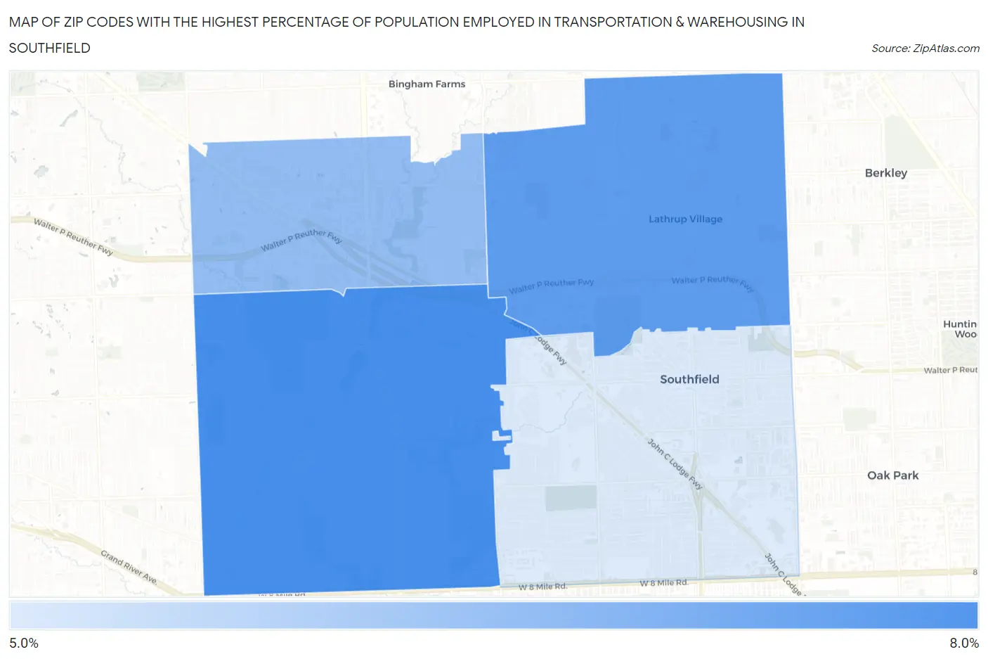Zip Codes with the Highest Percentage of Population Employed in Transportation & Warehousing in Southfield Map