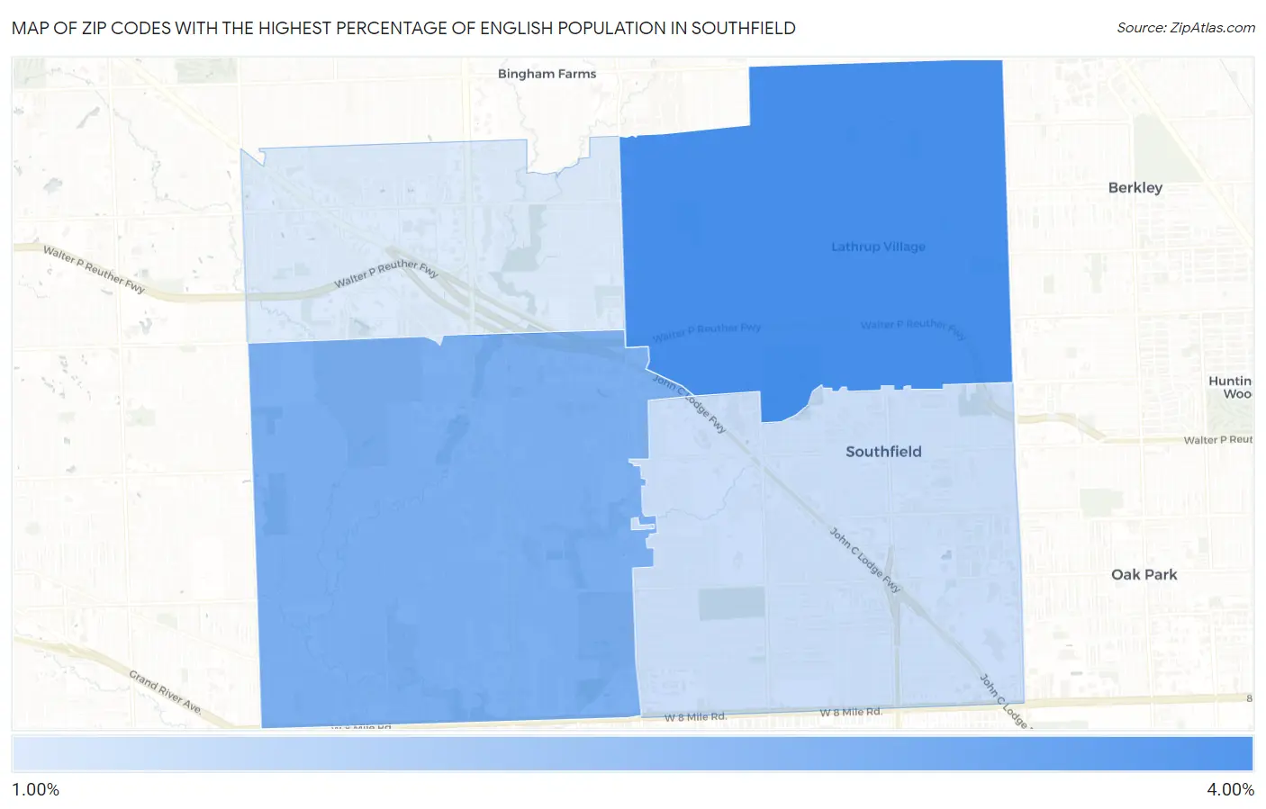 Zip Codes with the Highest Percentage of English Population in Southfield Map