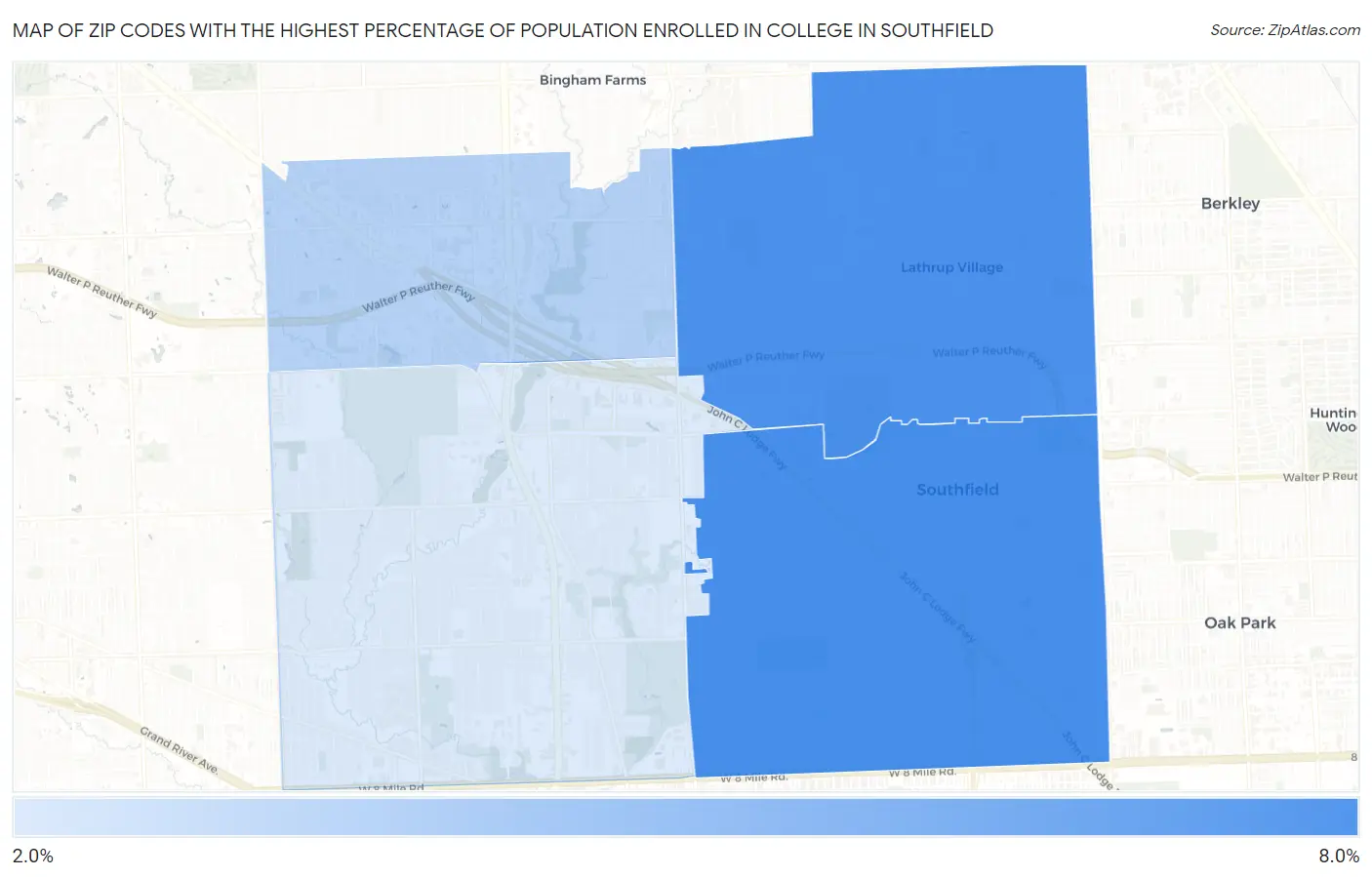 Zip Codes with the Highest Percentage of Population Enrolled in College in Southfield Map