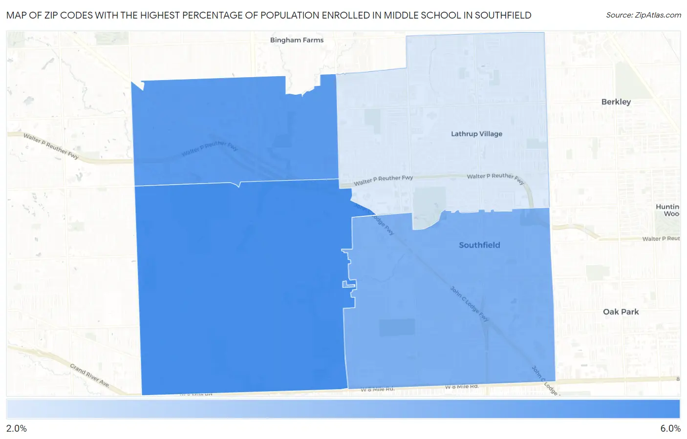 Zip Codes with the Highest Percentage of Population Enrolled in Middle School in Southfield Map