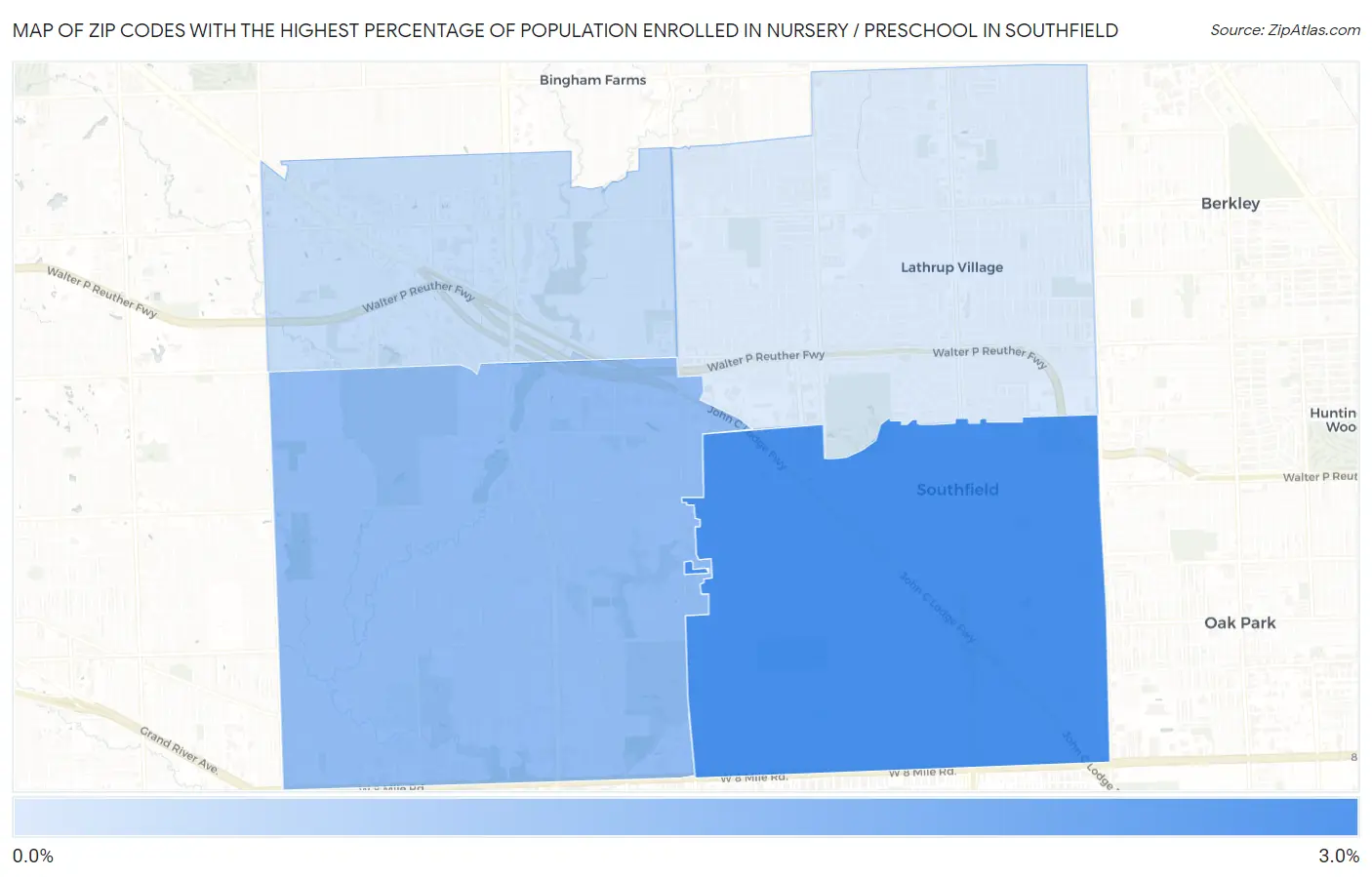 Zip Codes with the Highest Percentage of Population Enrolled in Nursery / Preschool in Southfield Map