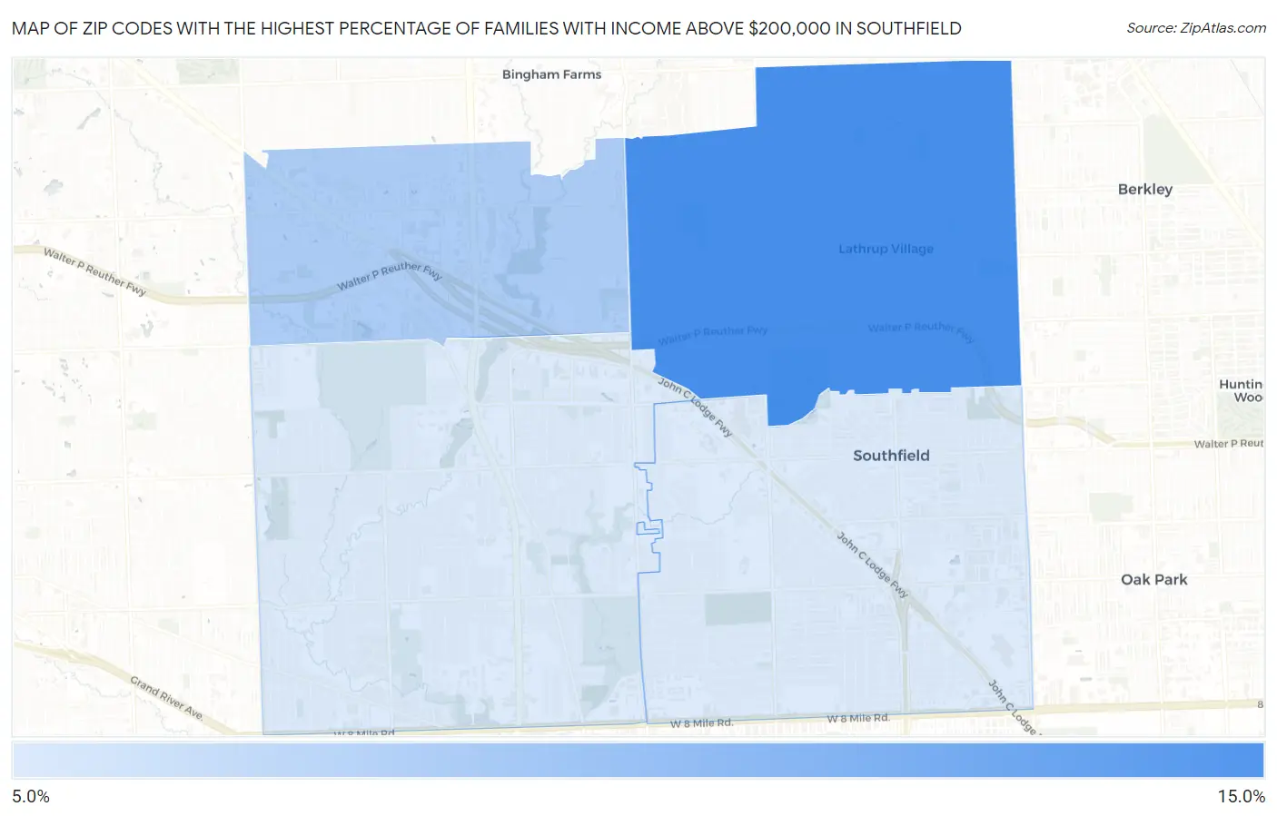 Zip Codes with the Highest Percentage of Families with Income Above $200,000 in Southfield Map