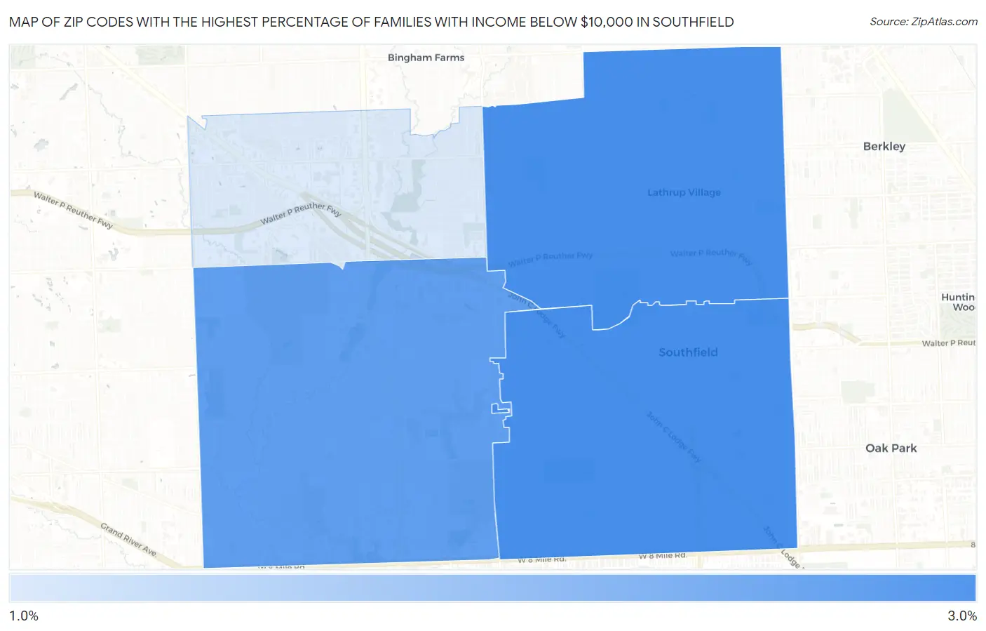 Zip Codes with the Highest Percentage of Families with Income Below $10,000 in Southfield Map