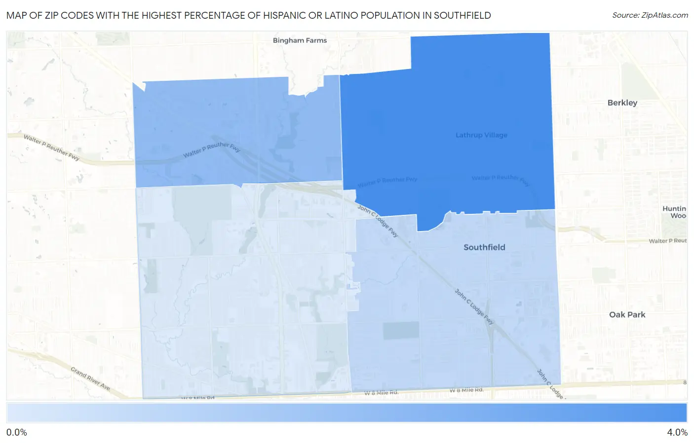 Zip Codes with the Highest Percentage of Hispanic or Latino Population in Southfield Map