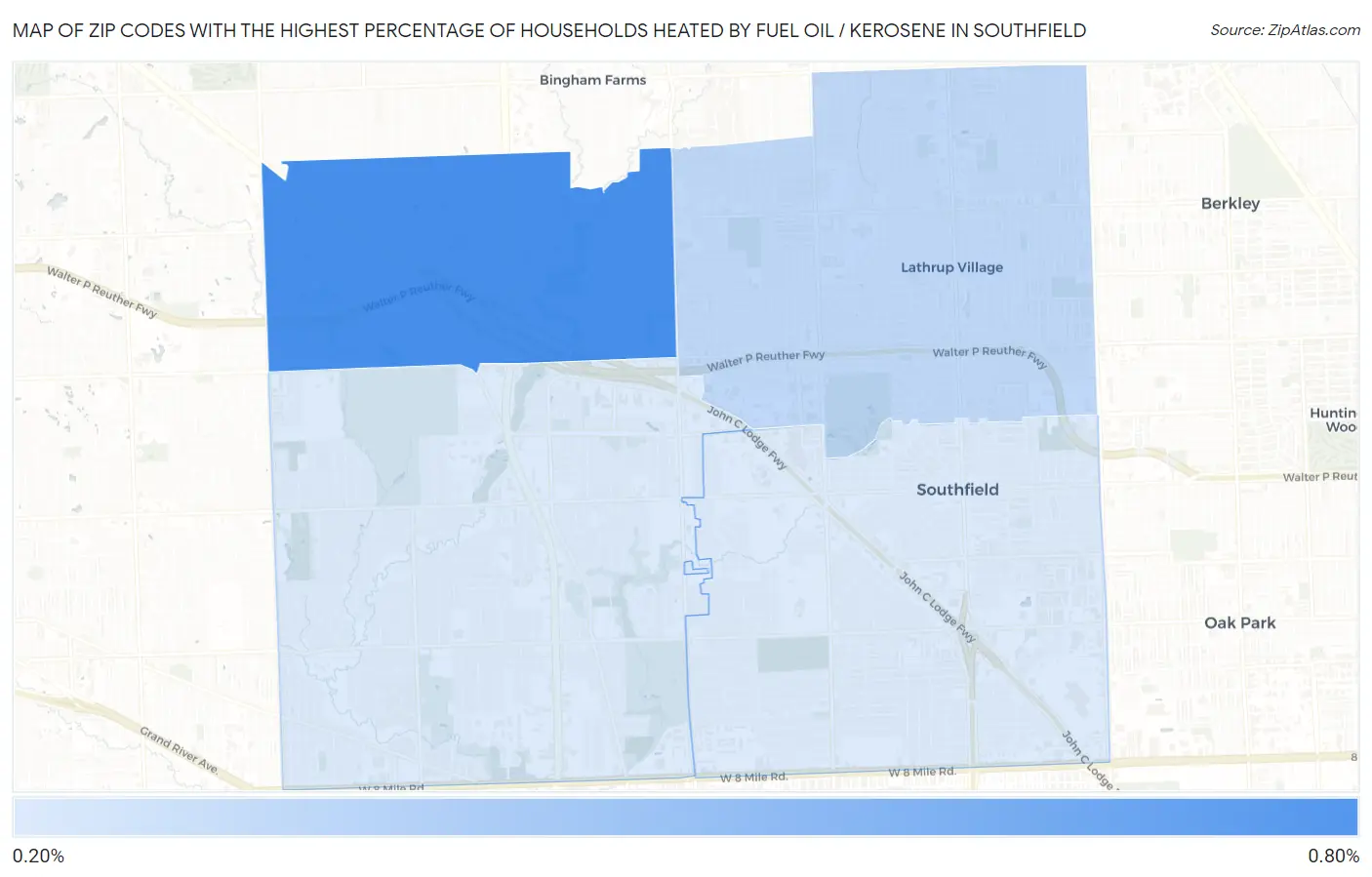 Zip Codes with the Highest Percentage of Households Heated by Fuel Oil / Kerosene in Southfield Map