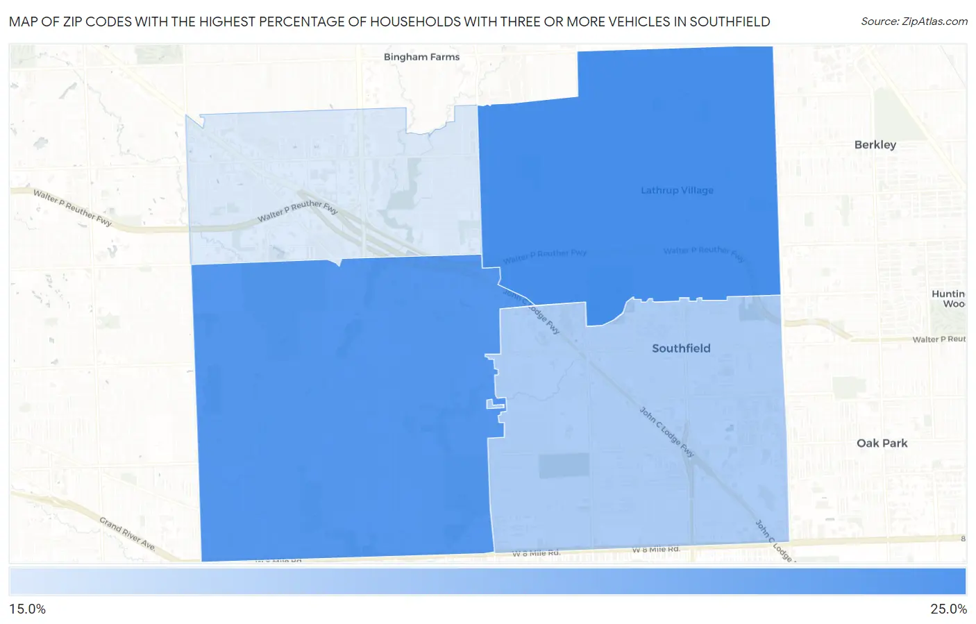 Zip Codes with the Highest Percentage of Households With Three or more Vehicles in Southfield Map