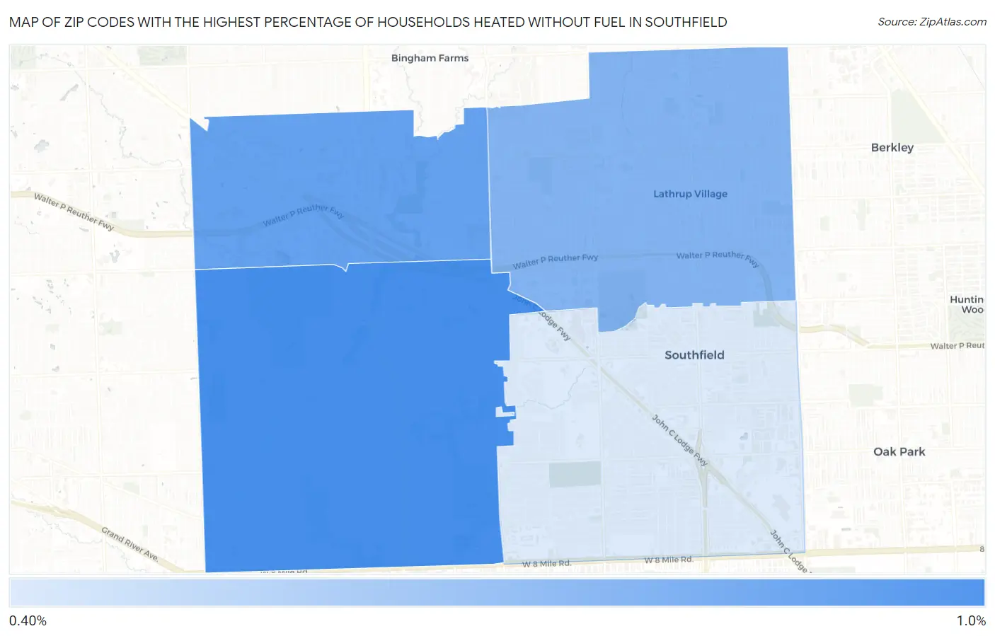 Zip Codes with the Highest Percentage of Households Heated without Fuel in Southfield Map