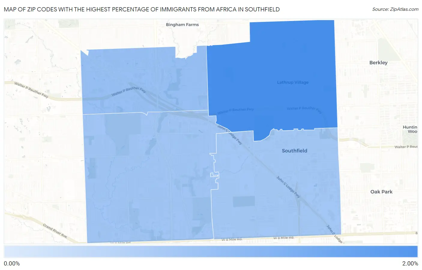 Zip Codes with the Highest Percentage of Immigrants from Africa in Southfield Map