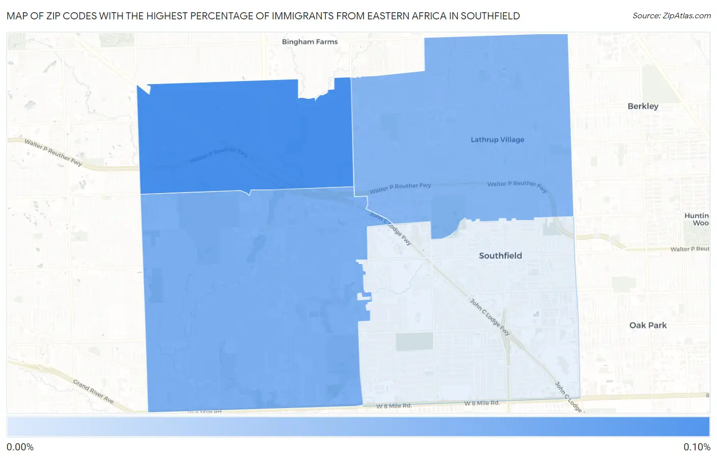 Zip Codes with the Highest Percentage of Immigrants from Eastern Africa in Southfield Map