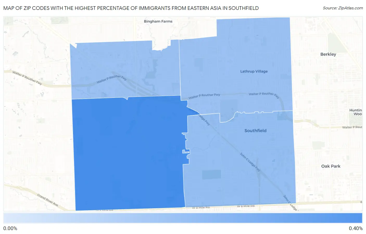 Zip Codes with the Highest Percentage of Immigrants from Eastern Asia in Southfield Map