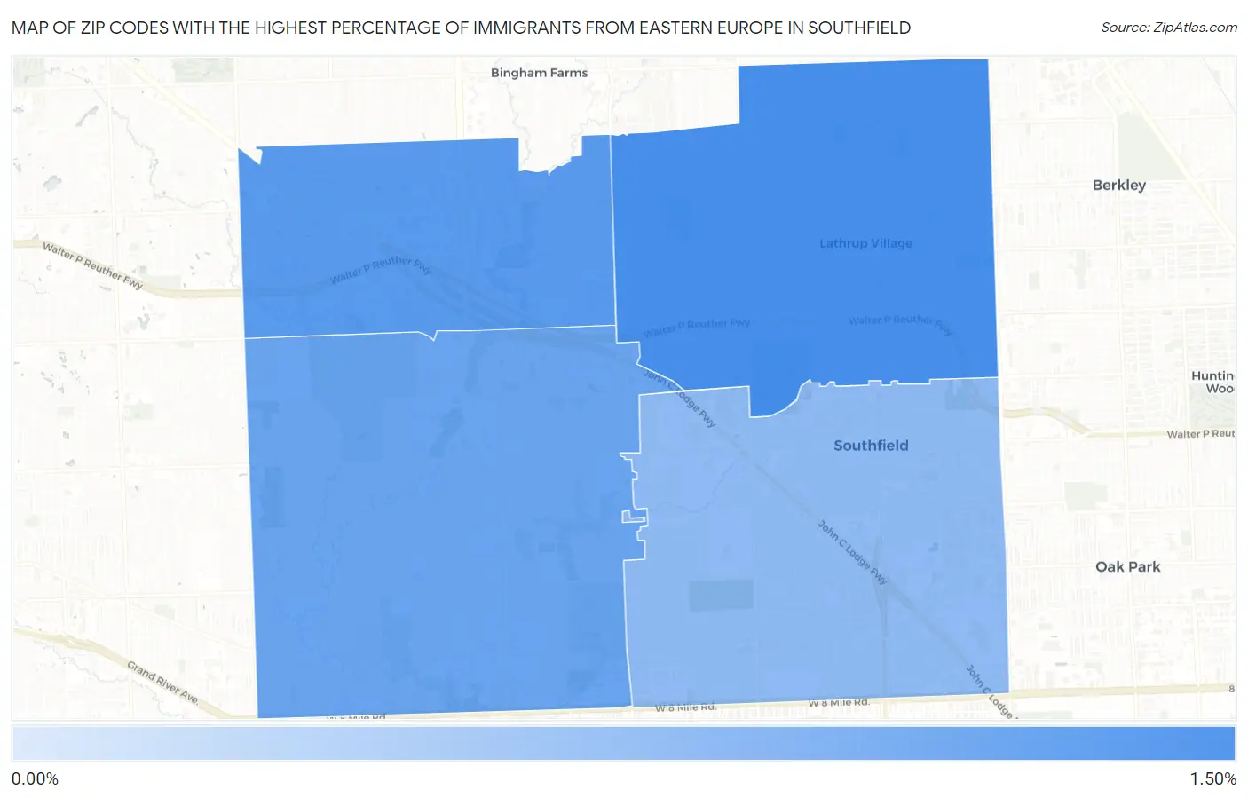 Zip Codes with the Highest Percentage of Immigrants from Eastern Europe in Southfield Map