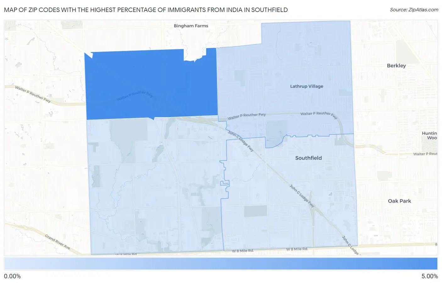 Zip Codes with the Highest Percentage of Immigrants from India in Southfield Map