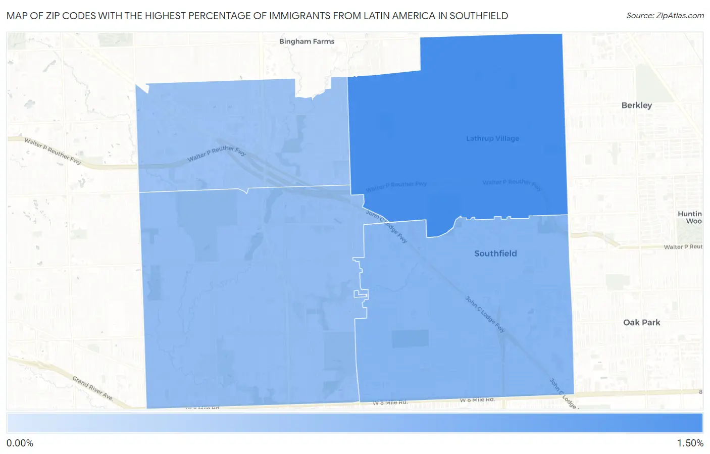 Zip Codes with the Highest Percentage of Immigrants from Latin America in Southfield Map