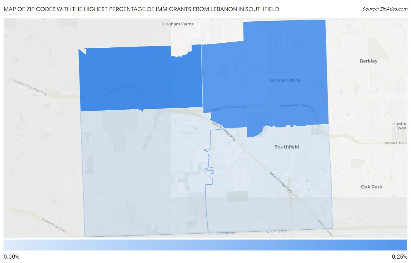Zip Codes with the Highest Percentage of Immigrants from Lebanon in Southfield Map