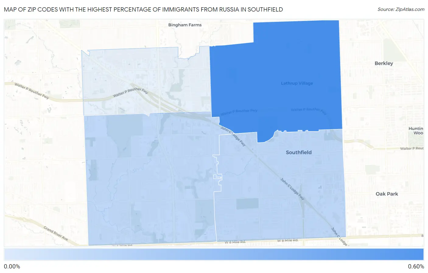 Zip Codes with the Highest Percentage of Immigrants from Russia in Southfield Map