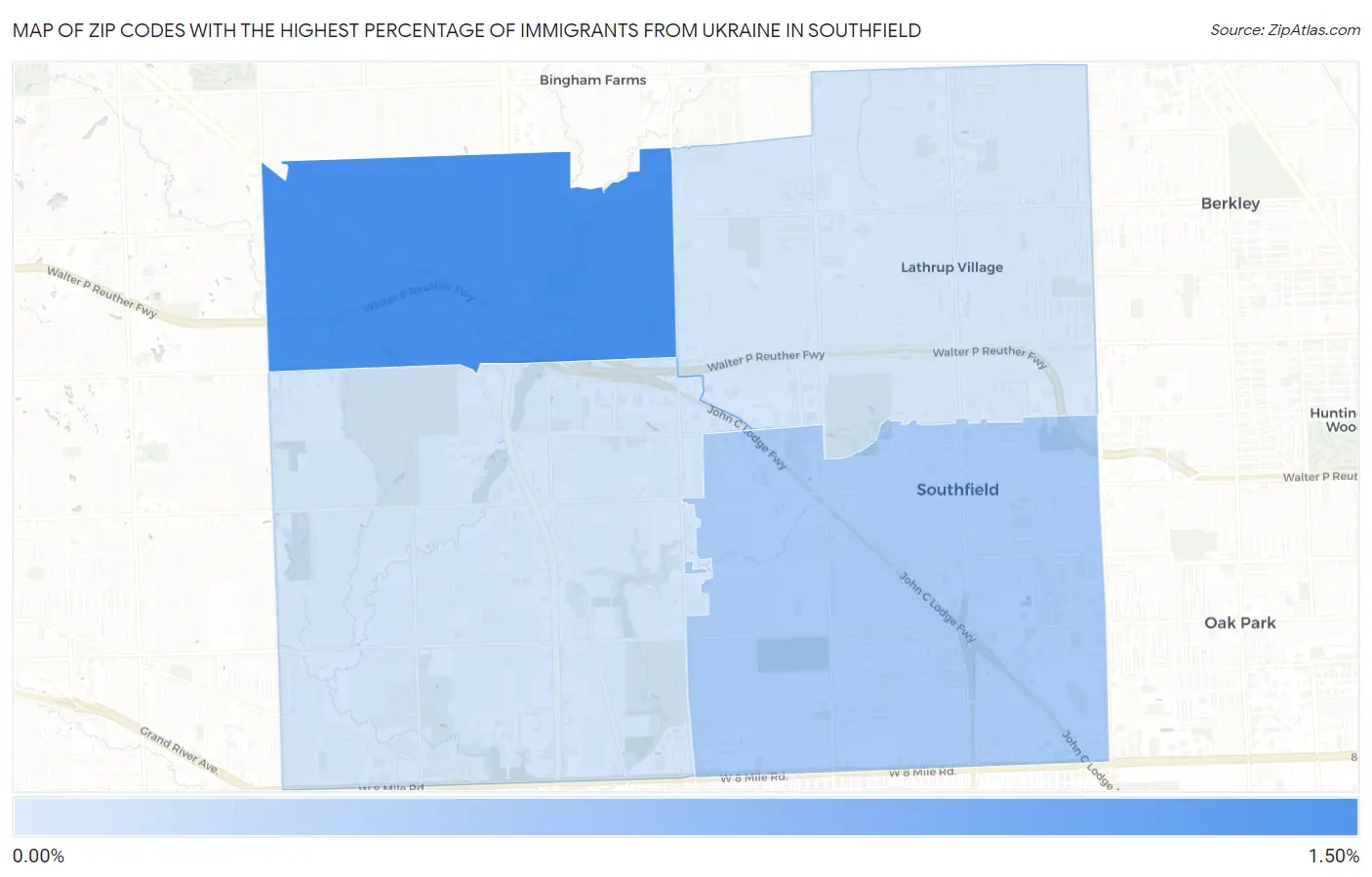Zip Codes with the Highest Percentage of Immigrants from Ukraine in Southfield Map