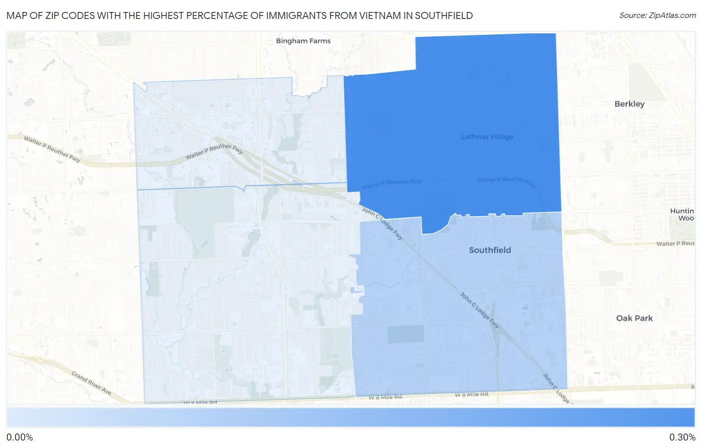 Zip Codes with the Highest Percentage of Immigrants from Vietnam in Southfield Map