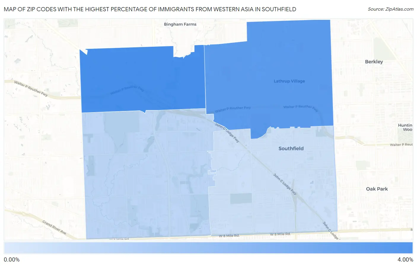Zip Codes with the Highest Percentage of Immigrants from Western Asia in Southfield Map