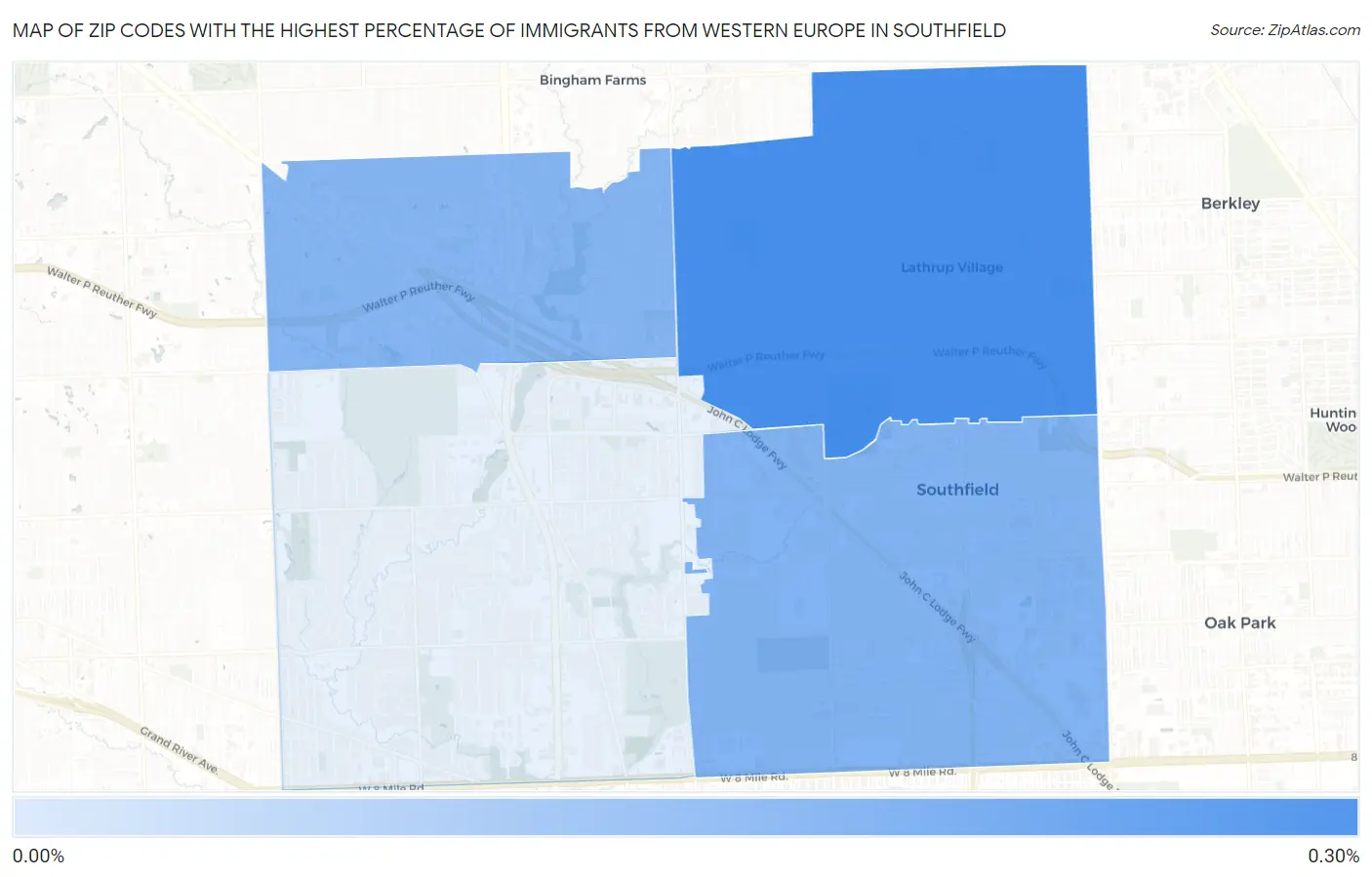 Zip Codes with the Highest Percentage of Immigrants from Western Europe in Southfield Map