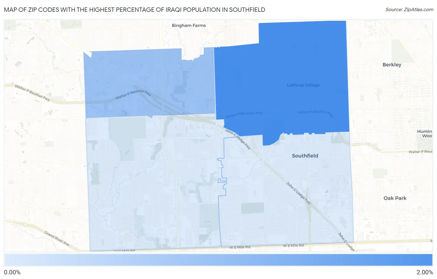 Zip Codes with the Highest Percentage of Iraqi Population in Southfield Map