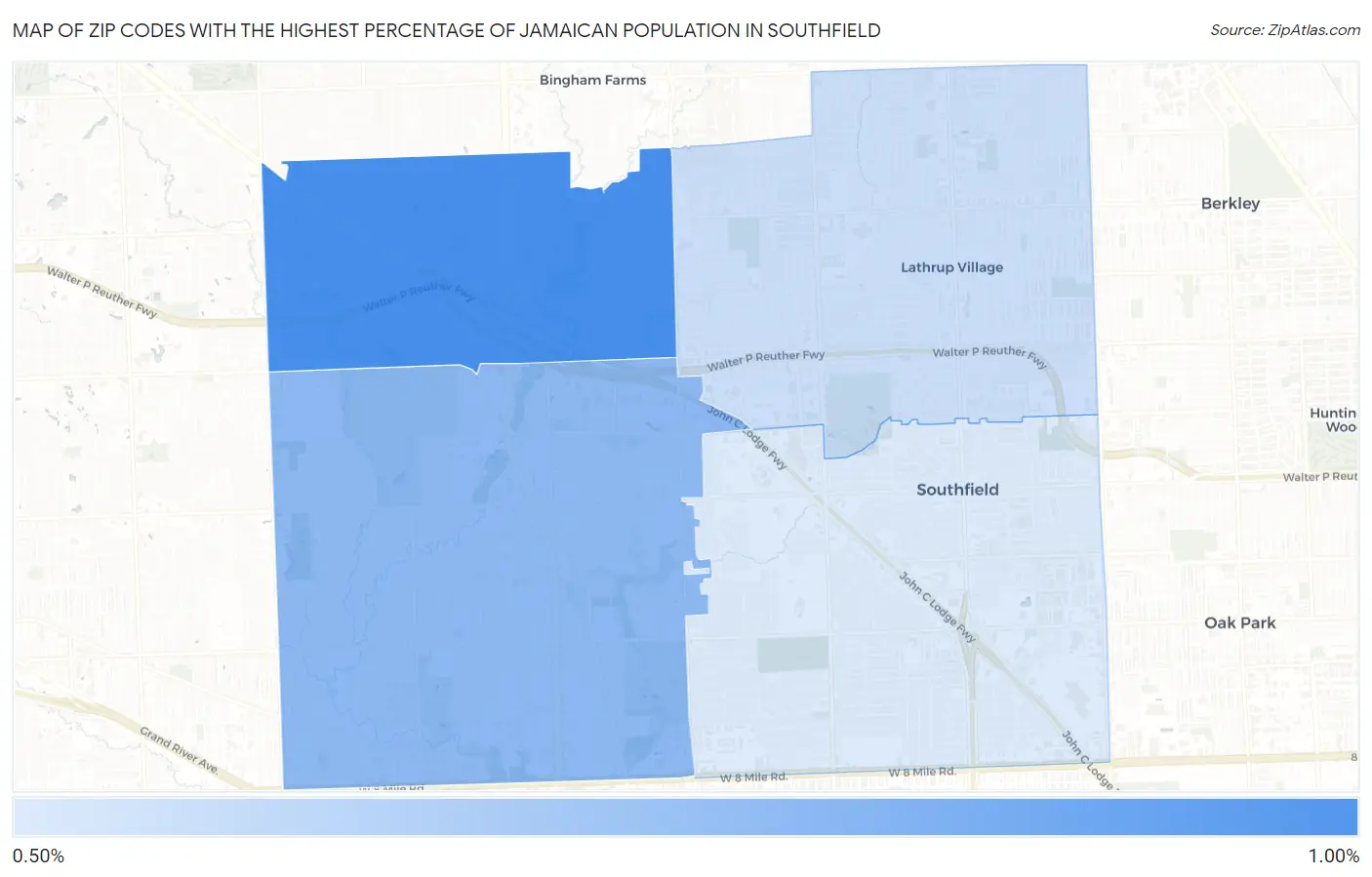 Zip Codes with the Highest Percentage of Jamaican Population in Southfield Map