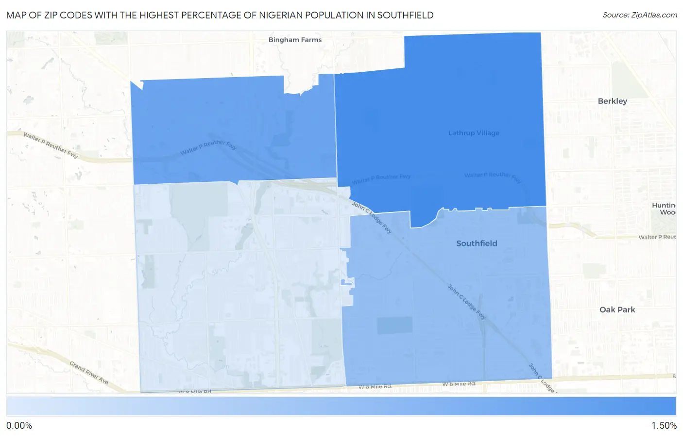 Zip Codes with the Highest Percentage of Nigerian Population in Southfield Map