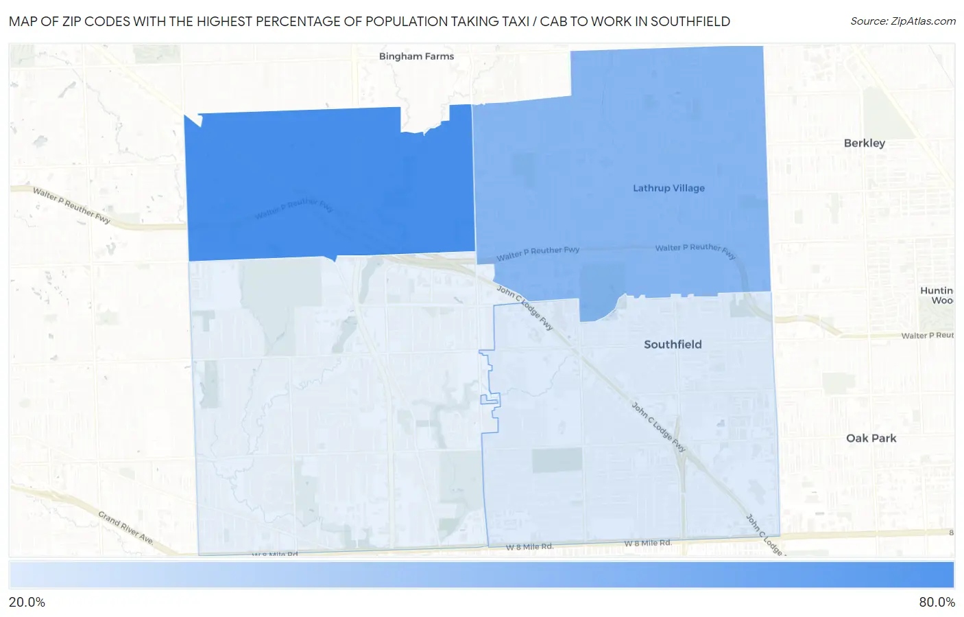 Zip Codes with the Highest Percentage of Population Taking Taxi / Cab to Work in Southfield Map