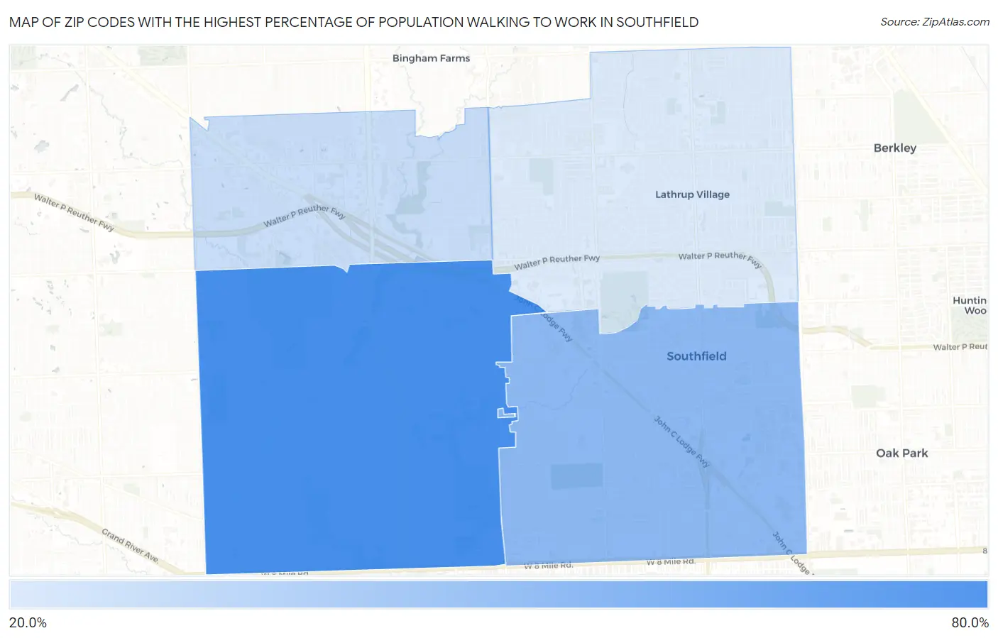 Zip Codes with the Highest Percentage of Population Walking to Work in Southfield Map
