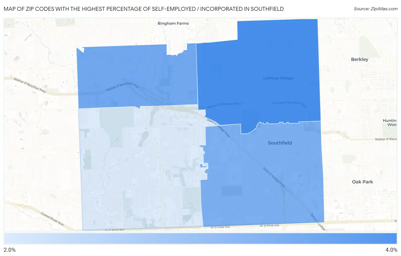 Zip Codes with the Highest Percentage of Self-Employed / Incorporated in Southfield Map