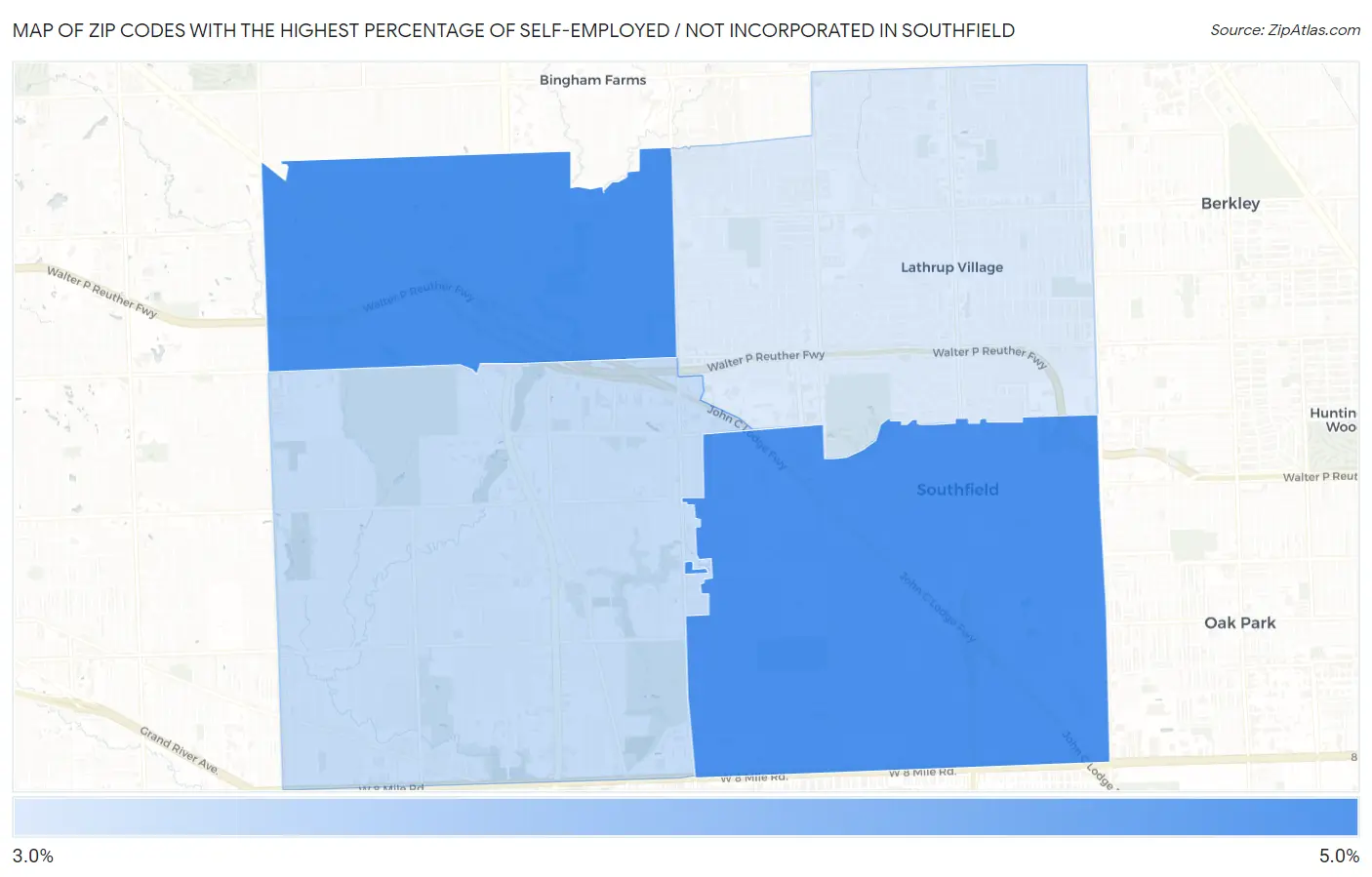 Zip Codes with the Highest Percentage of Self-Employed / Not Incorporated in Southfield Map