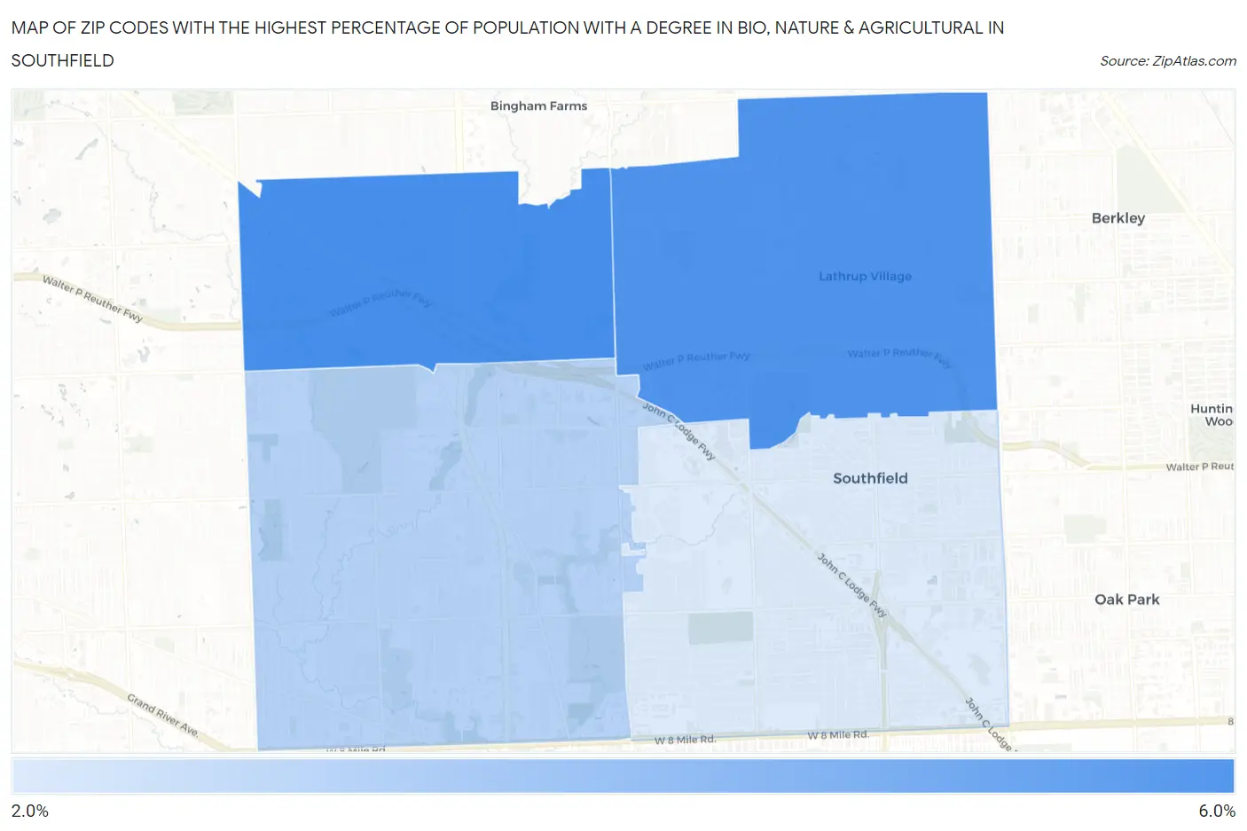 Zip Codes with the Highest Percentage of Population with a Degree in Bio, Nature & Agricultural in Southfield Map