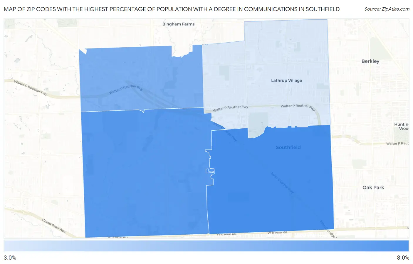 Zip Codes with the Highest Percentage of Population with a Degree in Communications in Southfield Map