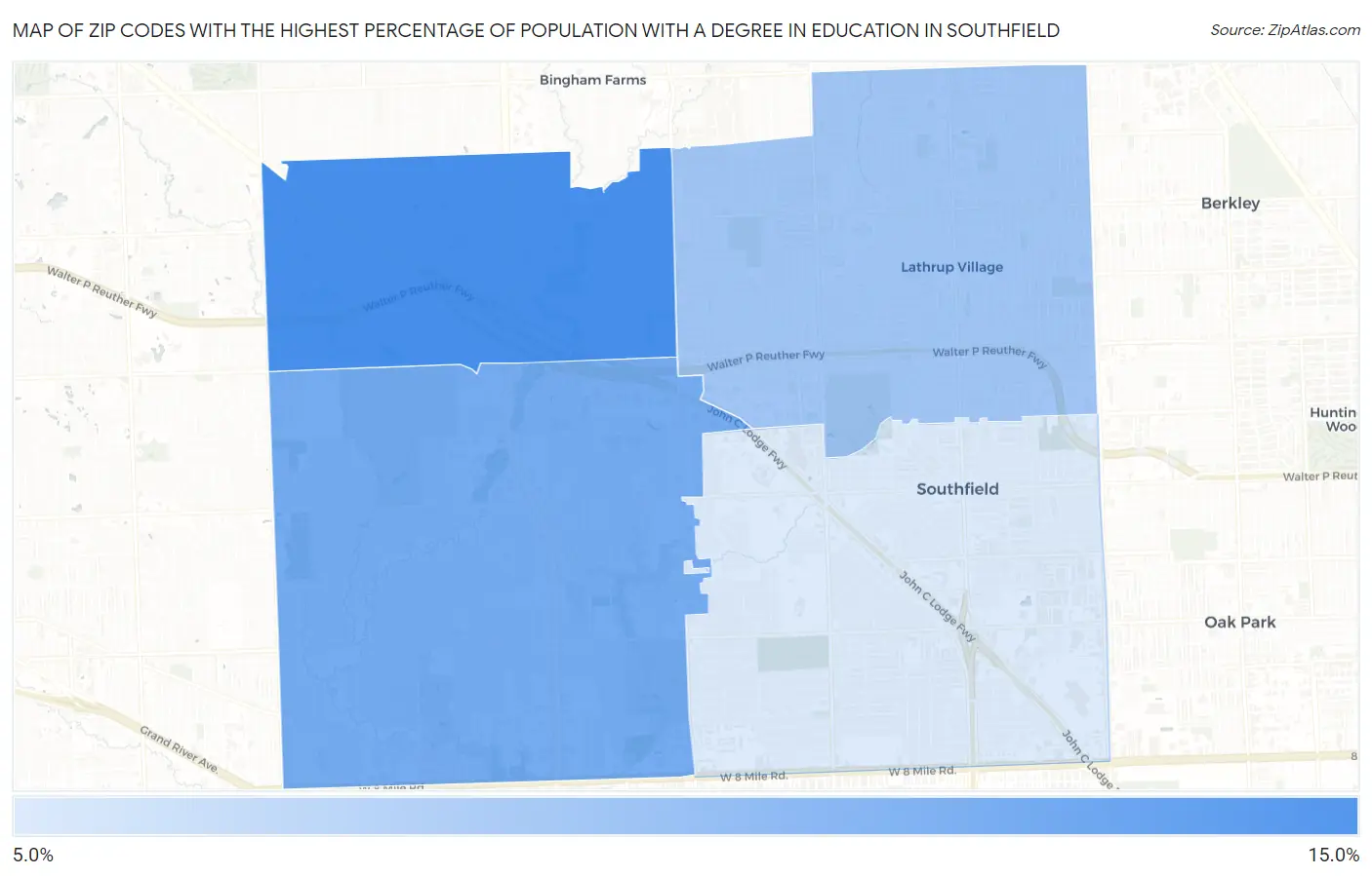 Zip Codes with the Highest Percentage of Population with a Degree in Education in Southfield Map