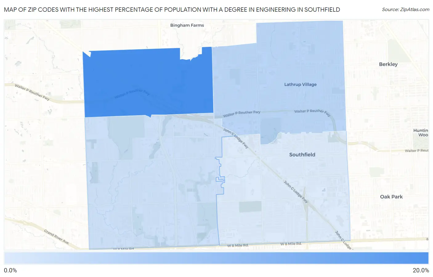 Zip Codes with the Highest Percentage of Population with a Degree in Engineering in Southfield Map