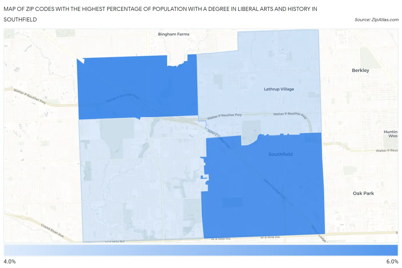 Zip Codes with the Highest Percentage of Population with a Degree in Liberal Arts and History in Southfield Map
