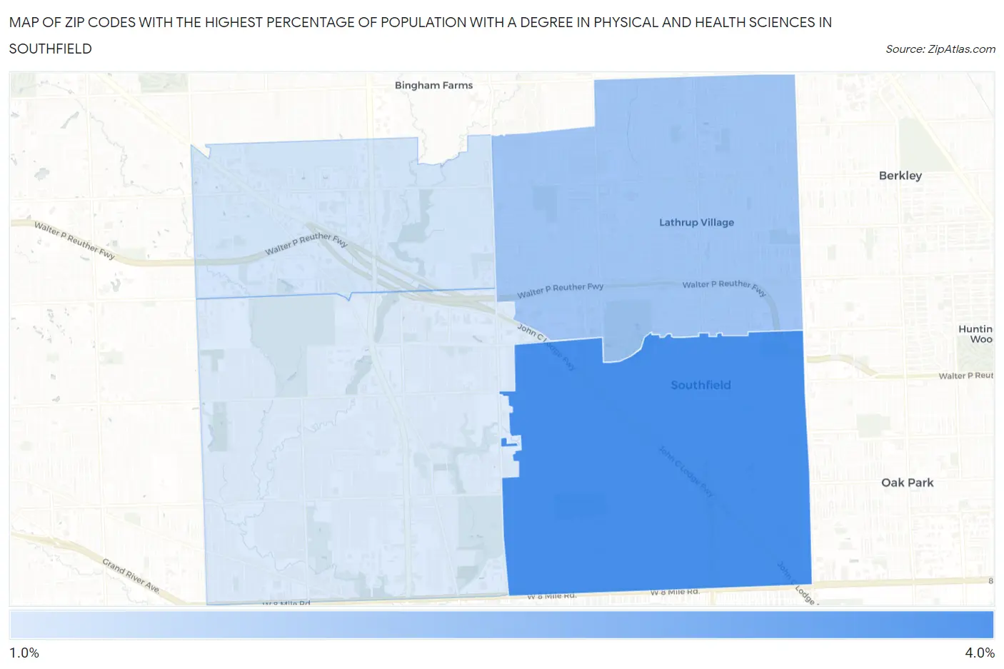 Zip Codes with the Highest Percentage of Population with a Degree in Physical and Health Sciences in Southfield Map
