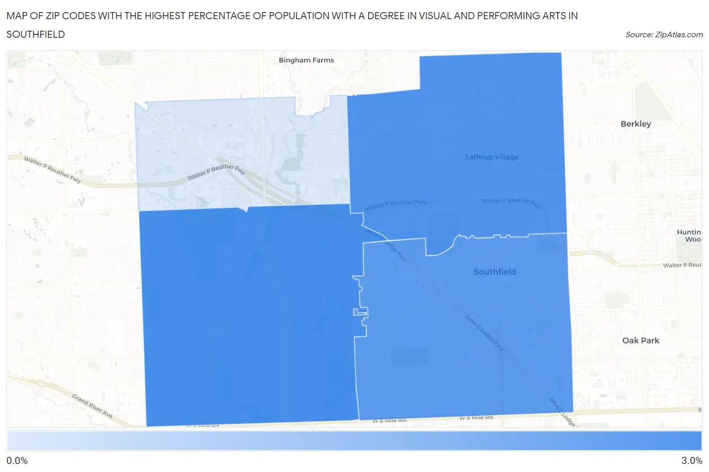 Zip Codes with the Highest Percentage of Population with a Degree in Visual and Performing Arts in Southfield Map